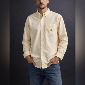 NAUTICA Yellow Button Down Long Sleeve Men’s Shirt 100% Cotton Sz L EUC